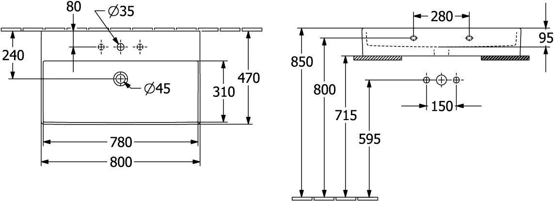 Villeroy & Boch Memento 2.0 Waschtisch 4A228LI4 80 X 47 Cm, Graphite C-plus, Mit Hahnloch, Ohne Überlauf 5 Villeroy & Boch Memento 2.0 Waschtisch 4A228LI4 80 X 47 Cm, Graphite C-plus, Mit Hahnloch, Ohne Überlauf – Bild 3