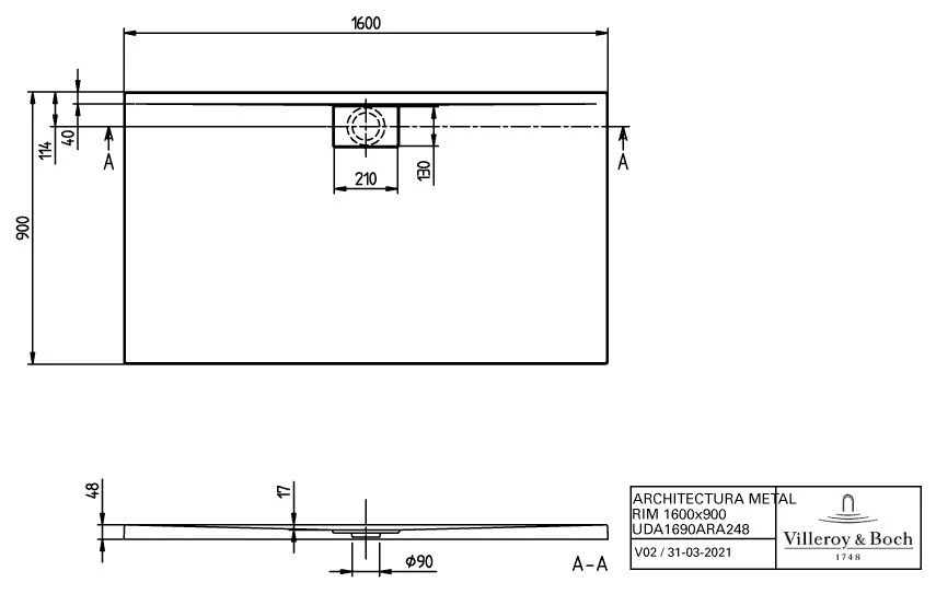 Villeroy Und Boch Architectura Metalrim Duschwanne A1690ARA248GV01 Weiß, 160x90x4,8cm, Antirutsch 4 Villeroy Und Boch Architectura Metalrim Duschwanne A1690ARA248GV01 Weiß, 160x90x4,8cm, Antirutsch – Bild 2
