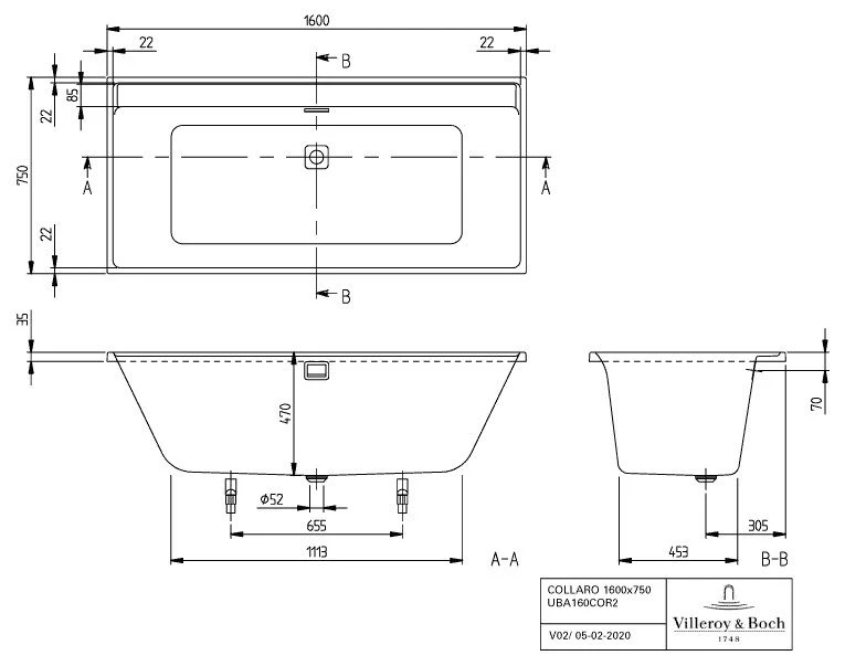 Villeroy Und Boch Collaro Rechteck-Badewanne UBA160COR2NV-RW 160x75cm, Einbauausführung Black Matt, Wannenfarbe Stone White 6 Villeroy Und Boch Collaro Rechteck-Badewanne UBA160COR2NV-RW 160x75cm, Einbauausführung Black Matt, Wannenfarbe Stone White – Bild 4
