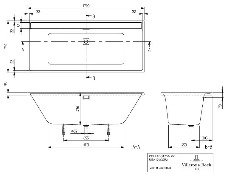 Villeroy Und Boch Collaro Rechteck-Badewanne UBA170COR2JV-01 170x75cm, Einbauausführung Gold, Wannenfarbe Weiß Alpin 4 Villeroy Und Boch Collaro Rechteck-Badewanne UBA170COR2JV-01 170x75cm, Einbauausführung Gold, Wannenfarbe Weiß Alpin – Bild 2