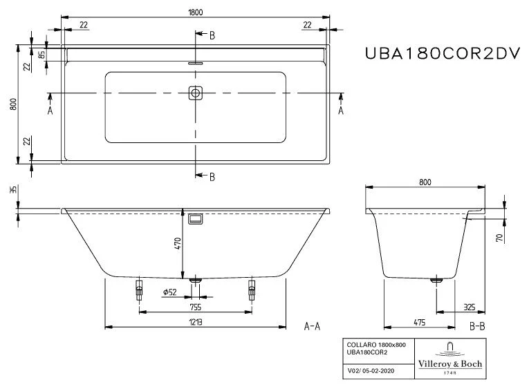 Villeroy Und Boch Collaro Rechteck-Badewanne UBA180COR2JV-01 180x80cm, Einbauausführung Gold, Wannenfarbe Weiß Alpin 4 Villeroy Und Boch Collaro Rechteck-Badewanne UBA180COR2JV-01 180x80cm, Einbauausführung Gold, Wannenfarbe Weiß Alpin – Bild 2