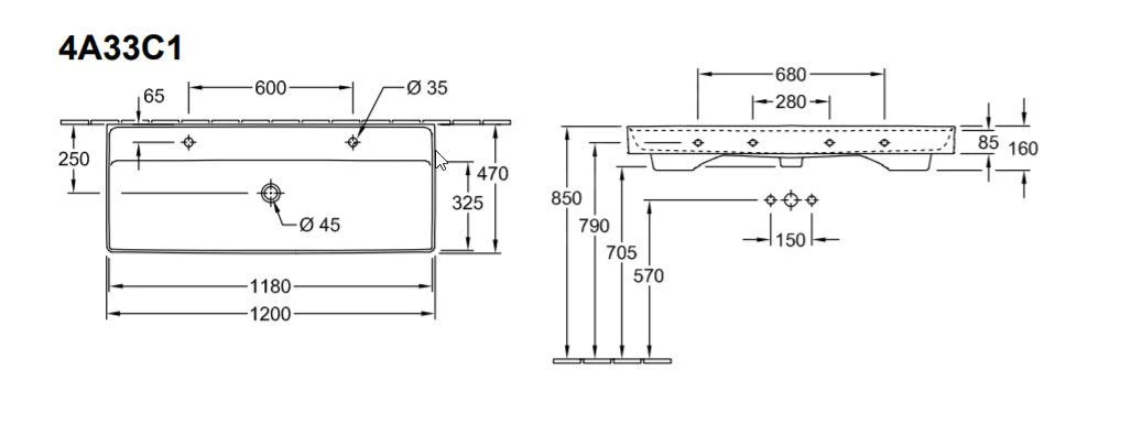 Villeroy & Boch Collaro - Möbelwaschtisch, 1200x470 Mm, Ohne Überlauf, 2 Hahnlöchern, CeramicPlus, Stone White 4A33C1RW 4 Villeroy & Boch Collaro - Möbelwaschtisch, 1200x470 Mm, Ohne Überlauf, 2 Hahnlöchern, CeramicPlus, Stone White 4A33C1RW – Bild 2
